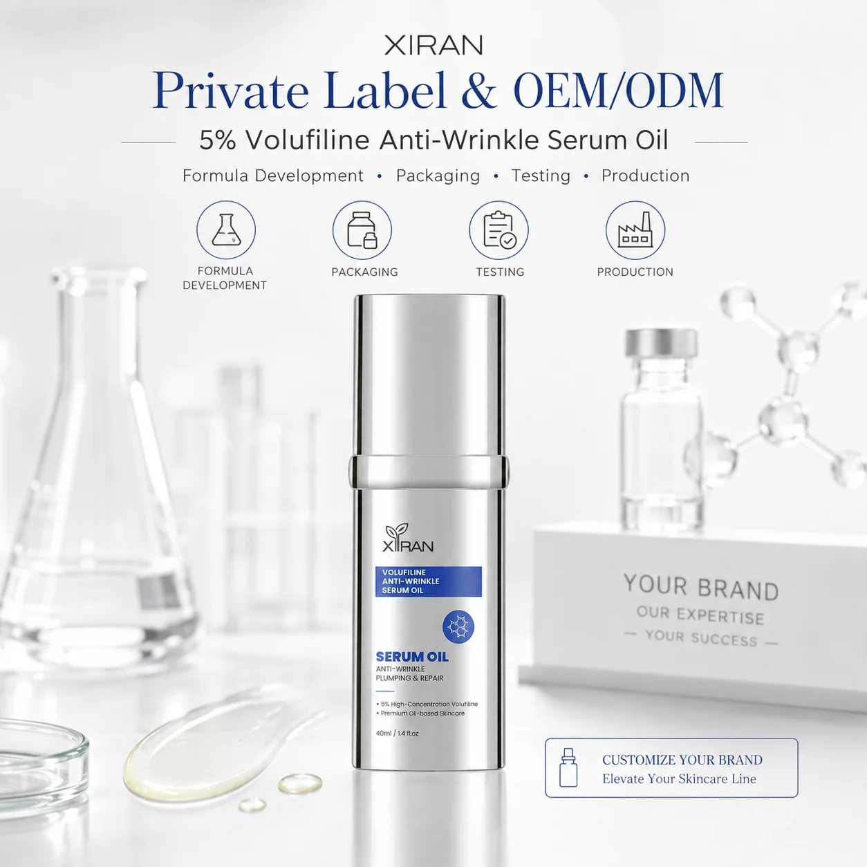 Private label 5% Volufiline anti-wrinkle serum oil bottle in a sleek silver design, surrounded by scientific lab-themed elements like beakers and molecular structures.